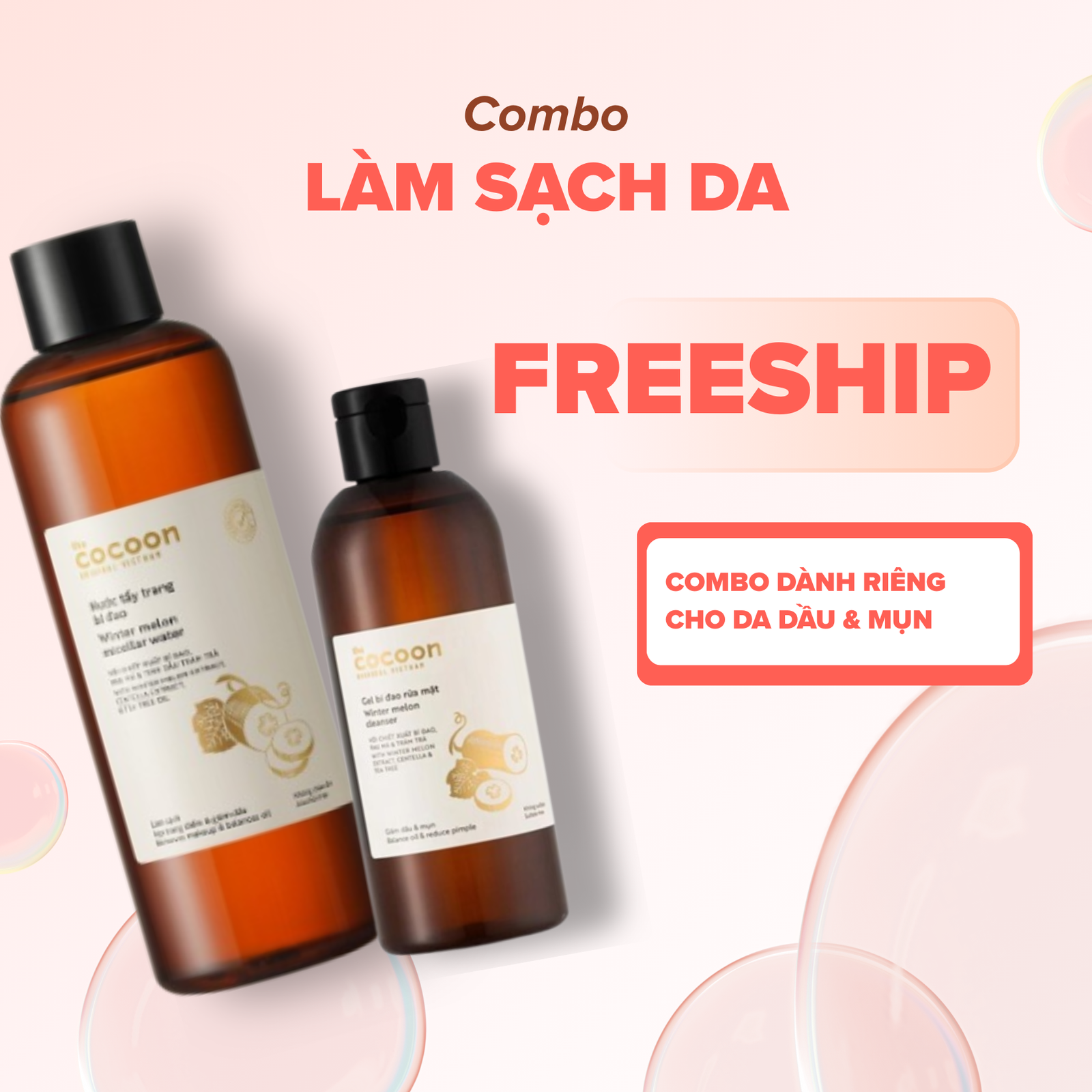 COMBO LÀM SẠCH DA - Nước tẩy trang Bí Đao Cocoon dung tích 500ml, gel rửa mặt Bí Đao Cocoon dung tích 310ml